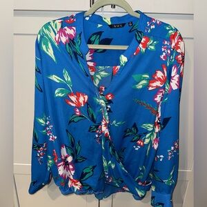 IMAN Blue Floral Faux Wrap Blouse | 1X | Long Sleeve Top